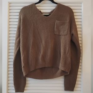 I Love It - Brown Knitted Pullover Sweater Long-Sleeve Top With Lace-Up Back
